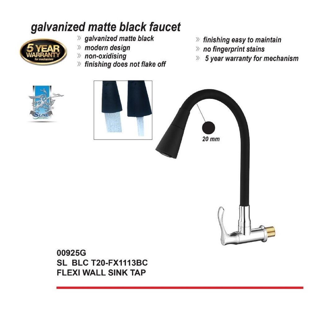 SLINE BLC T20-FX1113BC Black Flexible Wall Sink Tap - 00925G, view 1