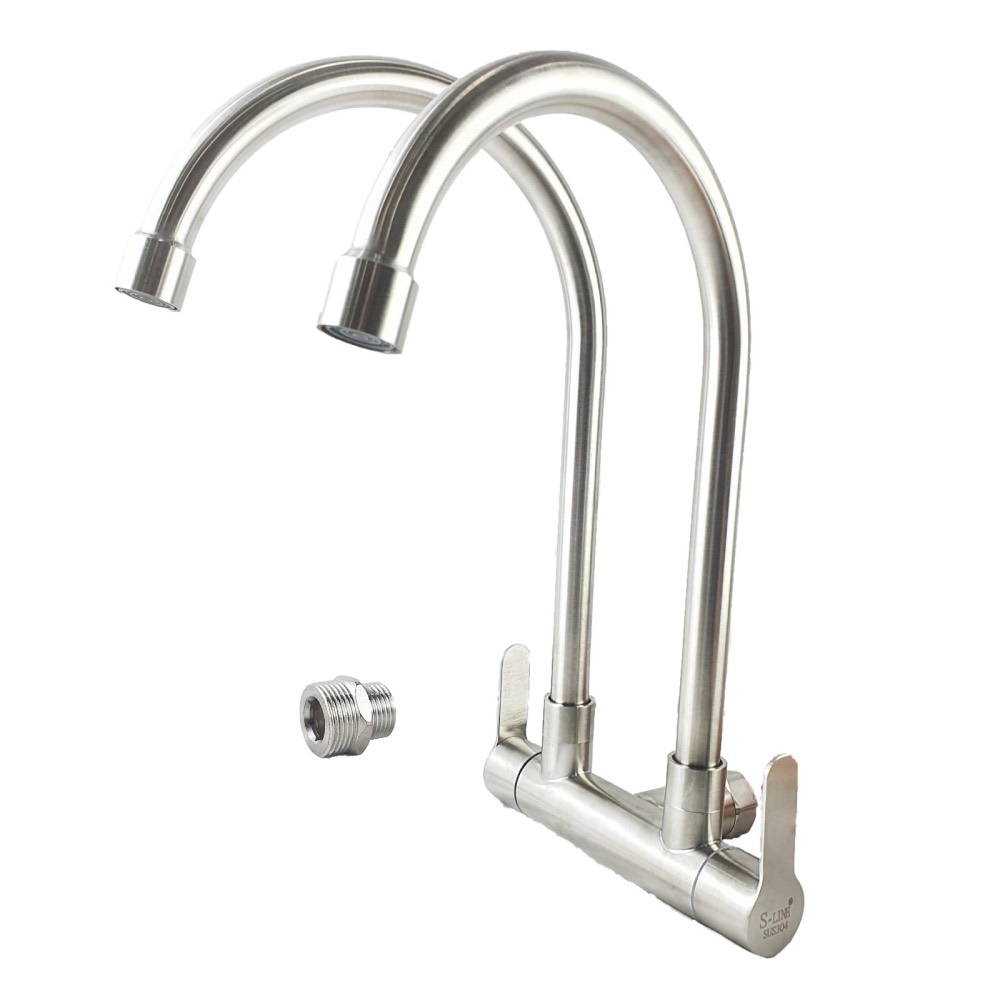 Product photo: SLINE SUS Stainless Steel Double/ Two-Head Wall Tap Faucet - 00917I