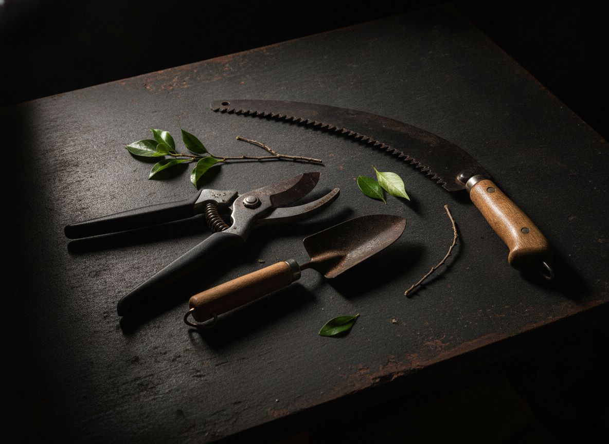 Pruning shears, a garden saw and a hand trowel on a bench