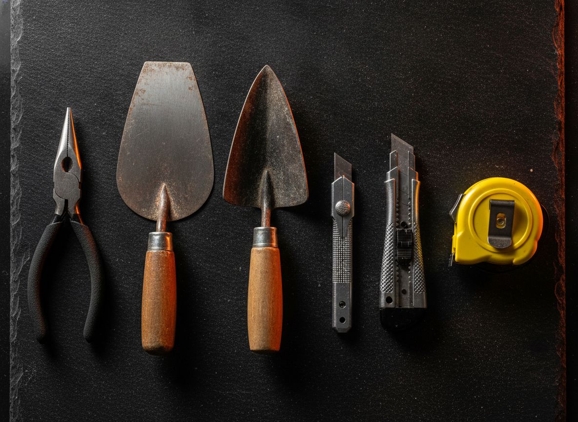 Pliers, trowels, knives and a tape measure on a slate bench